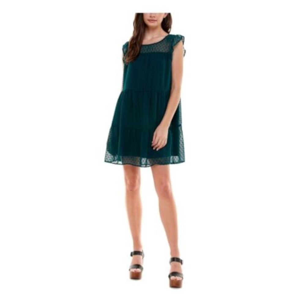 CRYSTAL DOLLS Womens Green Cap Sleeve Mini Dress S